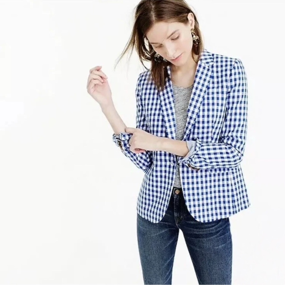 J.Crew Campbell Blazer Gingham Checkered Cerulean Blue White Linen Blend Sz 4